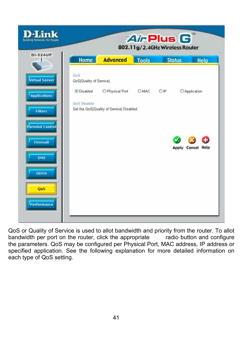 Advanced > qos | D-Link DI-524UP User Manual | Page 45 / 92