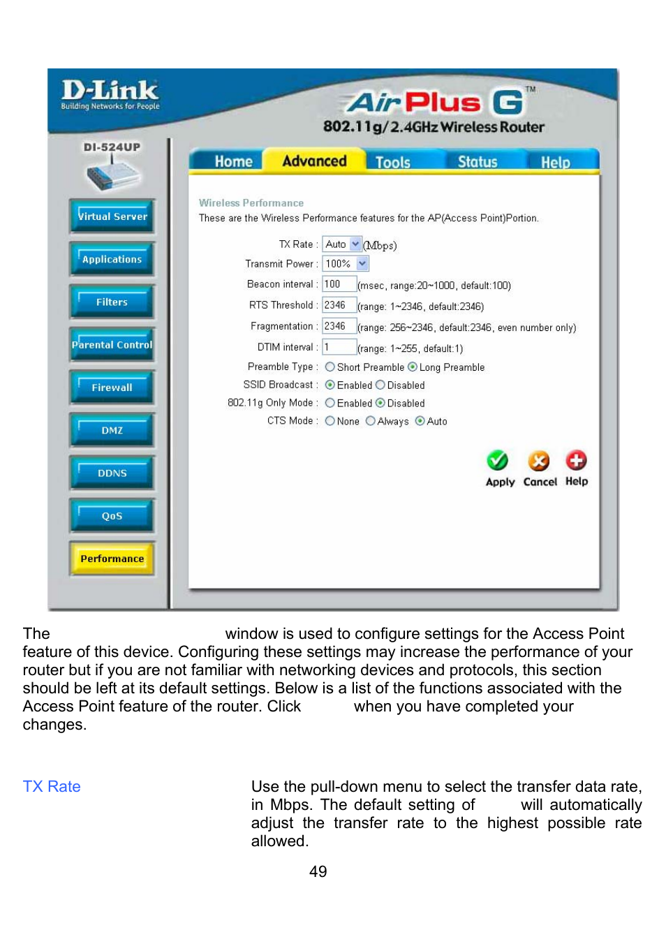 Advanced > performance | D-Link DI-524UP User Manual | Page 53 / 92