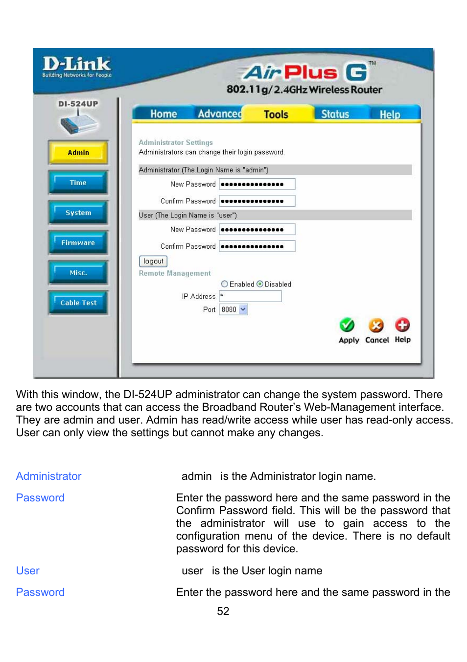 Tools > admin | D-Link DI-524UP User Manual | Page 56 / 92