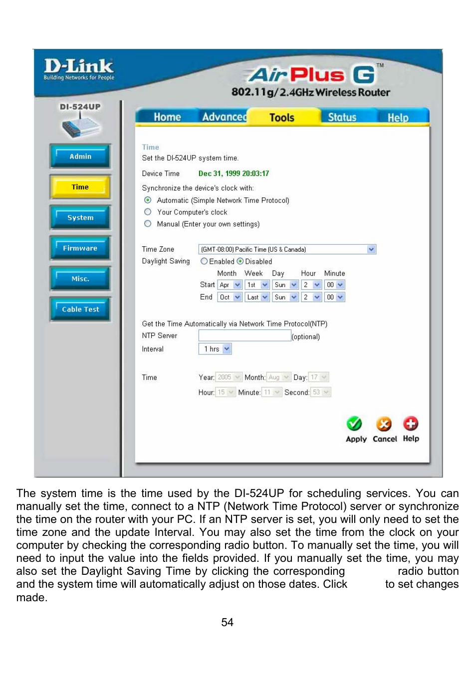 Tools > time | D-Link DI-524UP User Manual | Page 58 / 92