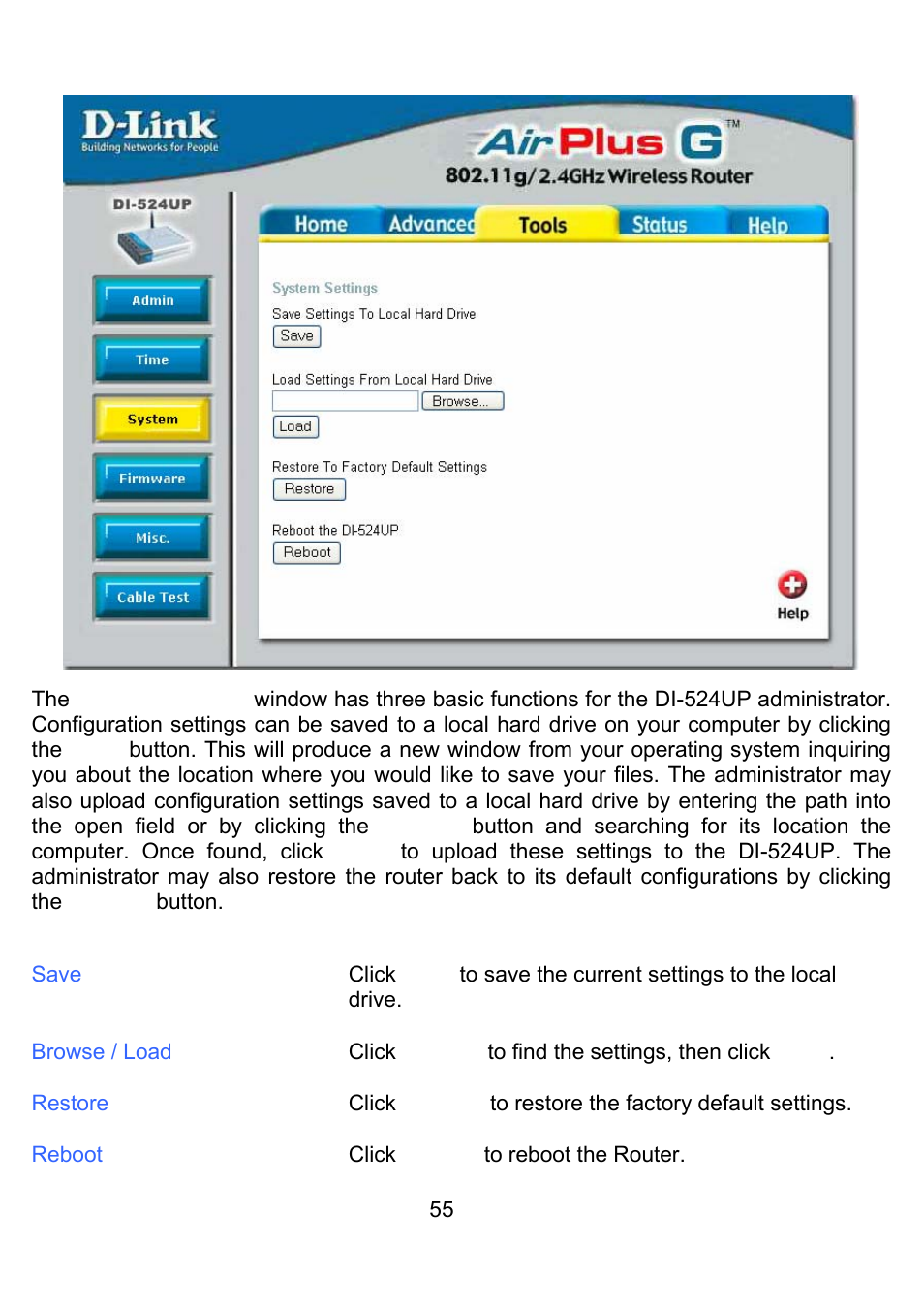 Tools > system | D-Link DI-524UP User Manual | Page 59 / 92