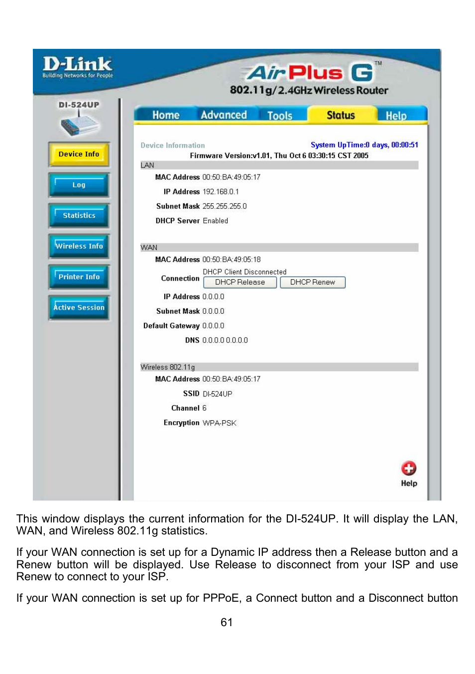 Status > device info | D-Link DI-524UP User Manual | Page 65 / 92