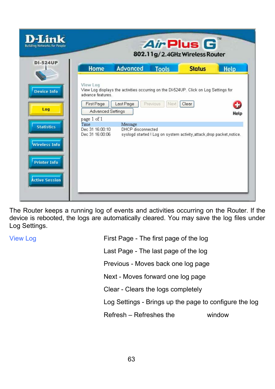 Status > log | D-Link DI-524UP User Manual | Page 67 / 92