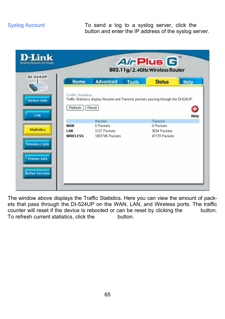 Status > statistics | D-Link DI-524UP User Manual | Page 69 / 92