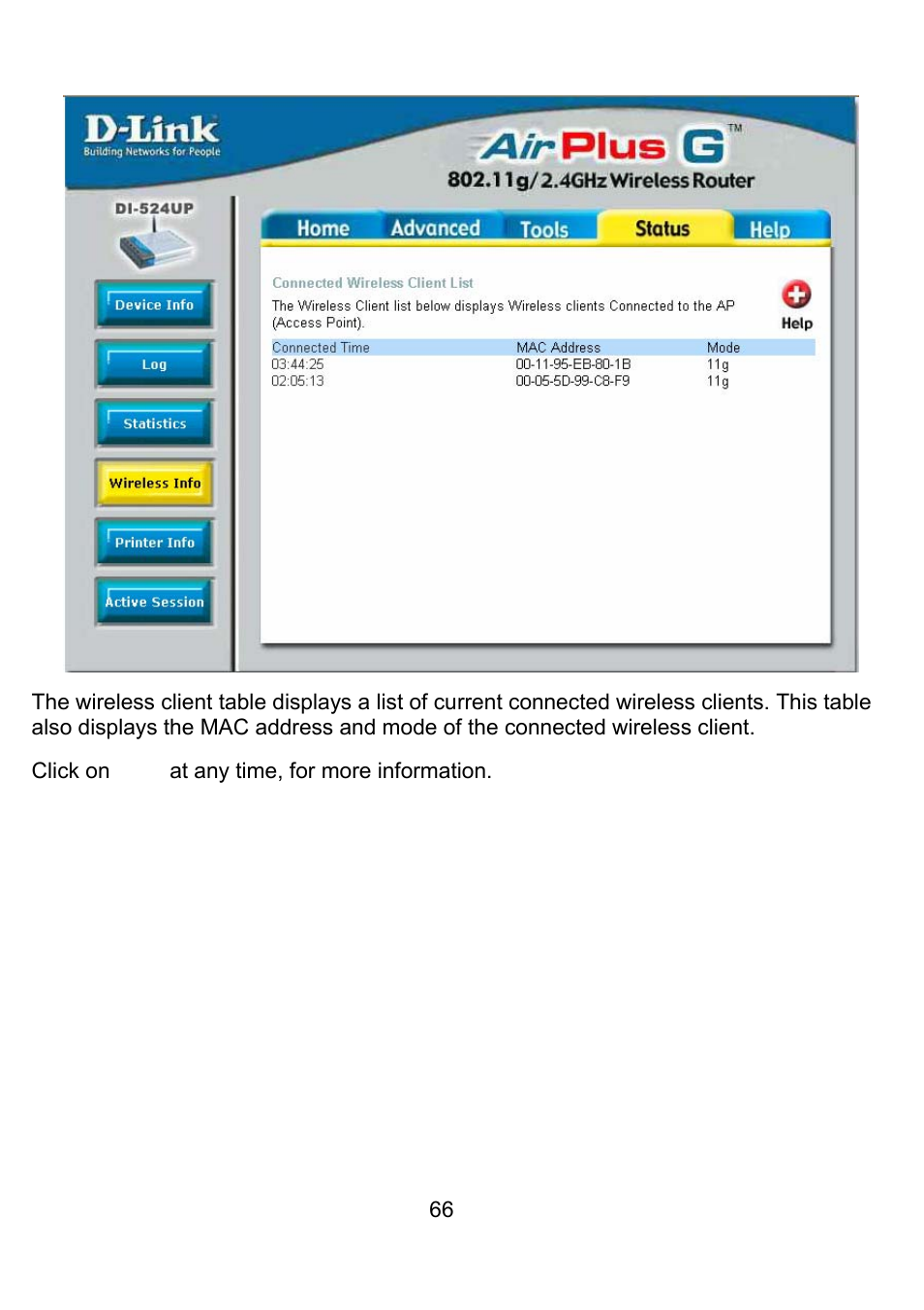 Status > wireless info | D-Link DI-524UP User Manual | Page 70 / 92