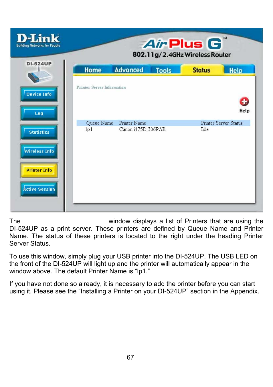 Status > printer info | D-Link DI-524UP User Manual | Page 71 / 92