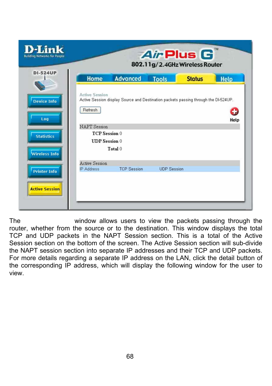 Status > active session | D-Link DI-524UP User Manual | Page 72 / 92