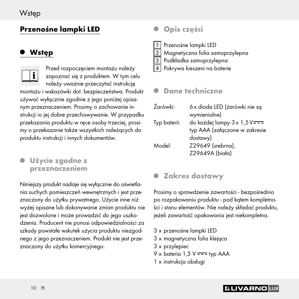 Wskazówki dot. bezpieczeństwa wstęp, Przenośne lampki led, Wstęp | Użycie zgodne z przeznaczeniem, Opis części, Dane techniczne, Zakres dostawy | Livarno Z29649 Z29649A User Manual | Page 10 / 35