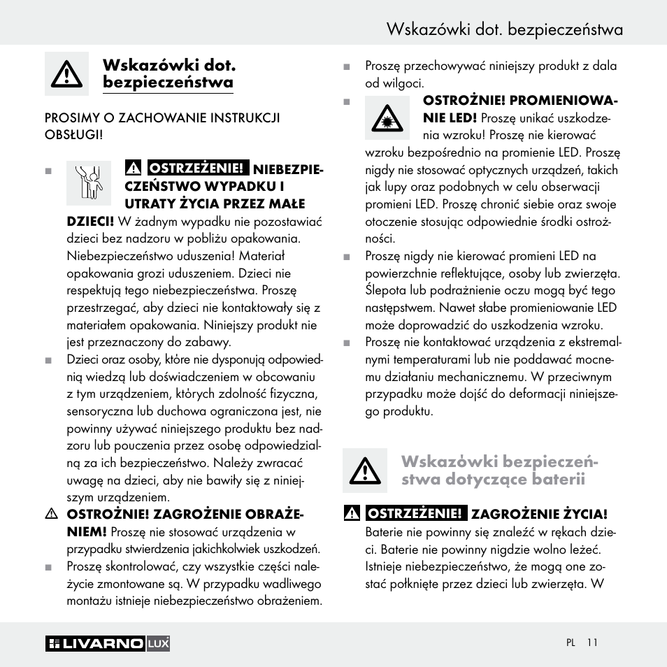 Wskazówki dot. bezpieczeństwa, Wskazόwki bezpieczeń- stwa dotyczące baterii | Livarno Z29649 Z29649A User Manual | Page 11 / 35