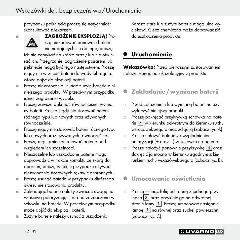 Uruchomienie, Zakładanie / wymiana baterii, Umocowanie oświetlenia | Livarno Z29649 Z29649A User Manual | Page 12 / 35