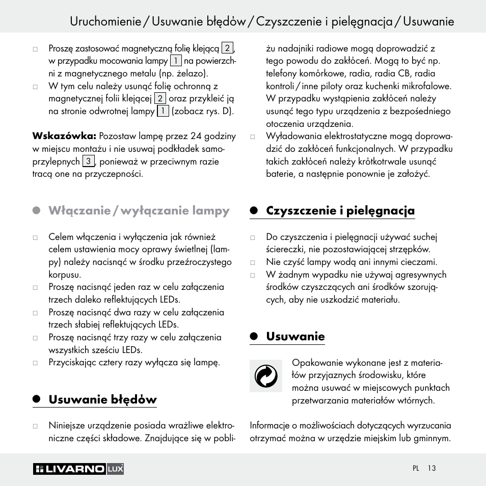 Włączanie / wyłączanie lampy, Usuwanie błędόw, Czyszczenie i pielęgnacja | Usuwanie | Livarno Z29649 Z29649A User Manual | Page 13 / 35