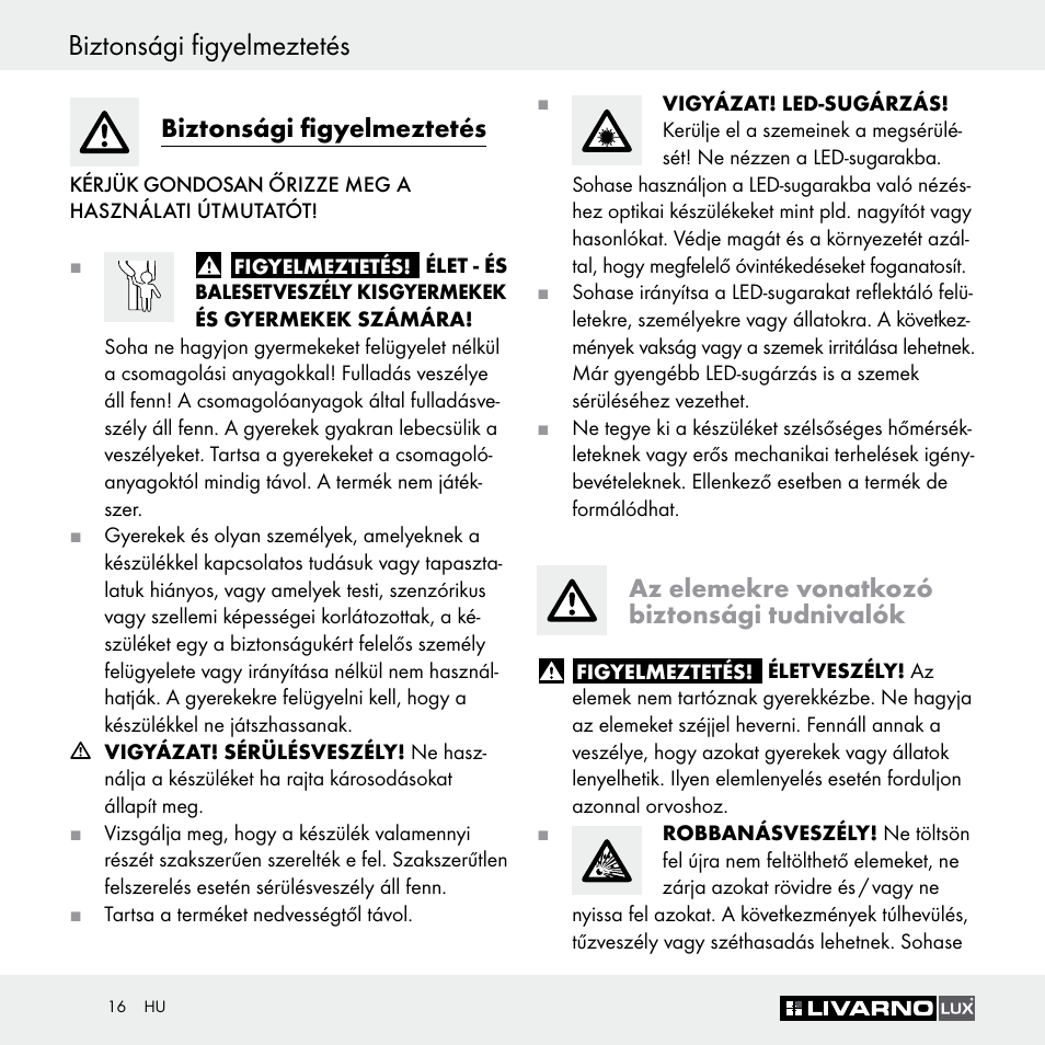 Biztonsági figyelmeztetés, Az elemekre vonatkozó biztonsági tudnivalók | Livarno Z29649 Z29649A User Manual | Page 16 / 35