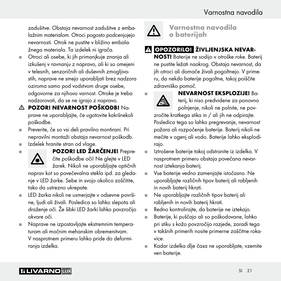 Varnostna navodila, Varnostna navodila o baterijah | Livarno Z29649 Z29649A User Manual | Page 21 / 35