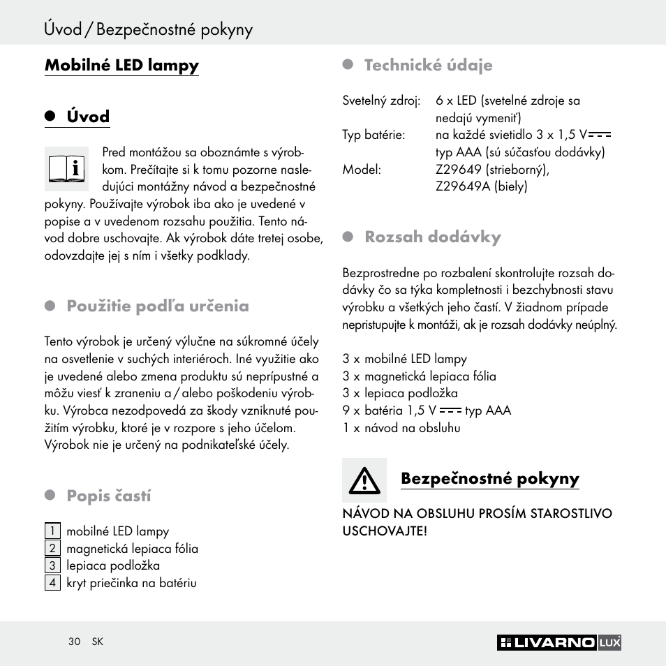 Bezpečnostné pokyny úvod / bezpečnostné pokyny, Mobilné led lampy, Úvod | Použitie podľa určenia, Popis častí, Technické údaje, Rozsah dodávky, Bezpečnostné pokyny | Livarno Z29649 Z29649A User Manual | Page 30 / 35