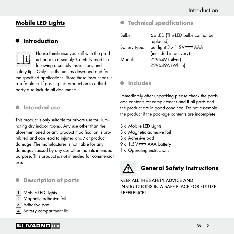 Introduction, Mobile led lights, Intended use | Description of parts, Technical specifications, Includes, General safety instructions | Livarno Z29649 Z29649A User Manual | Page 5 / 35