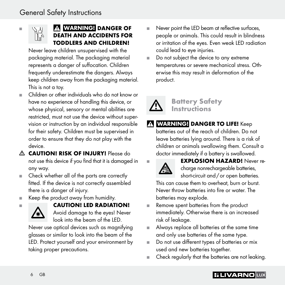 General safety instructions, Battery safety instructions | Livarno Z29649 Z29649A User Manual | Page 6 / 35