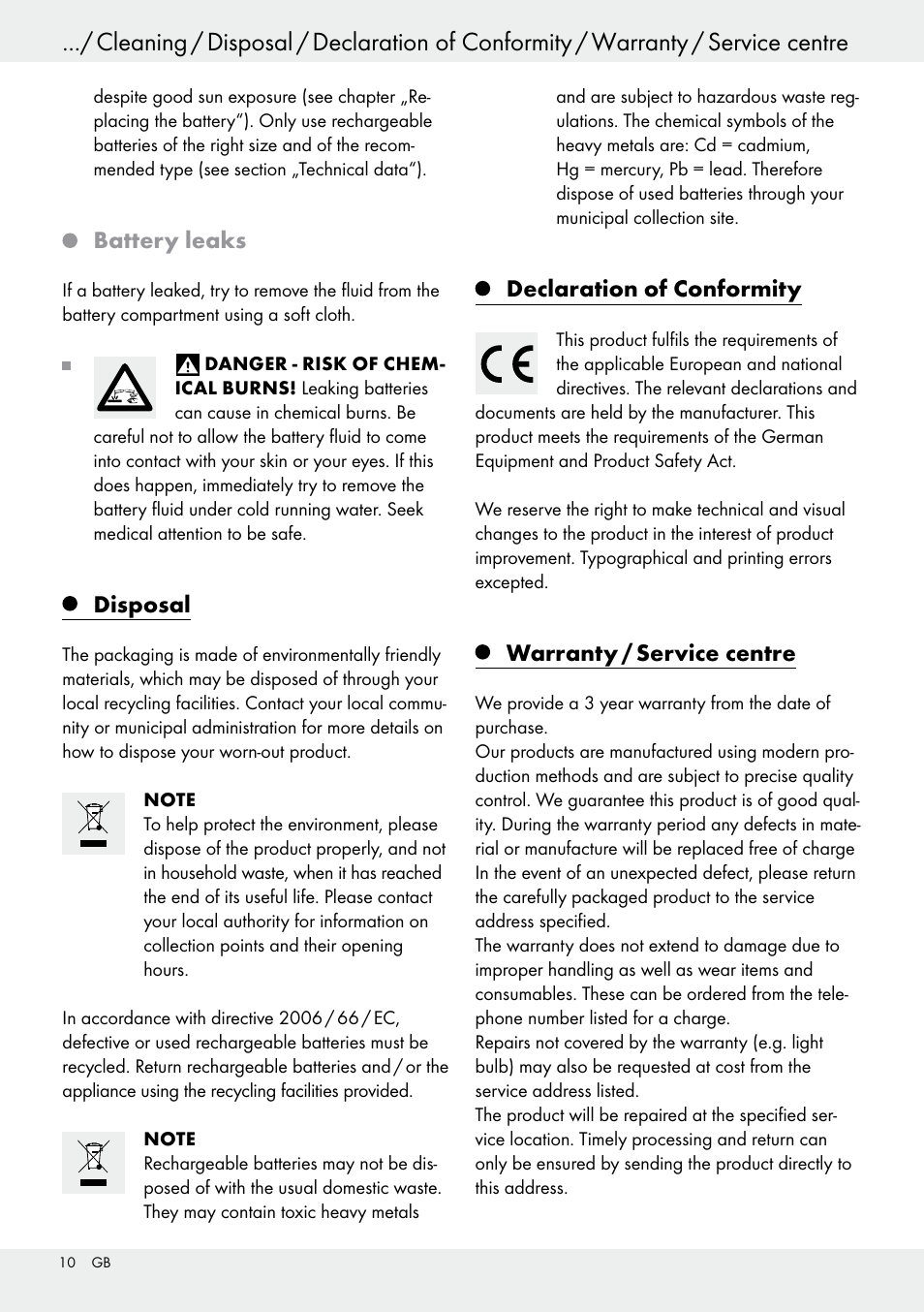 Battery leaks, Disposal, Declaration of conformity | Warranty / service centre | Livarno 54322 User Manual | Page 10 / 57