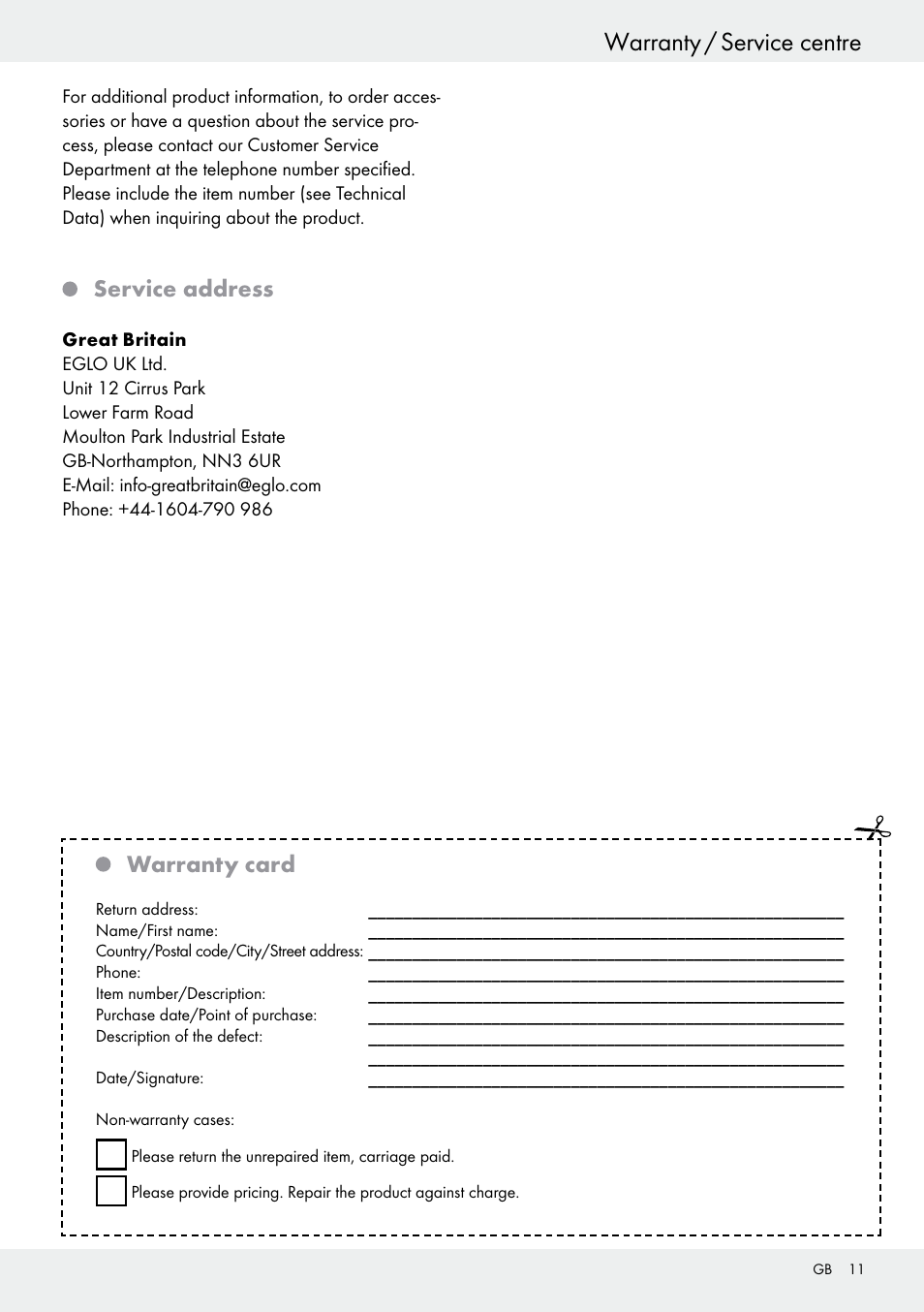 Warranty / service centre, Service address, Warranty card | Livarno 54322 User Manual | Page 11 / 57