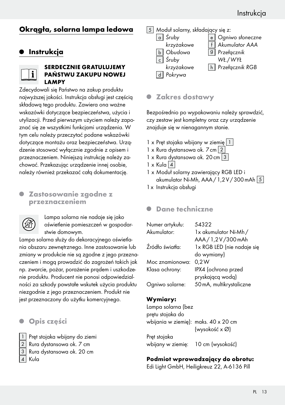 Spis zawartości instrukcja, Okrągła, solarna lampa ledowa, Instrukcja | Zastosowanie zgodne z przeznaczeniem, Opis części, Zakres dostawy, Dane techniczne | Livarno 54322 User Manual | Page 13 / 57