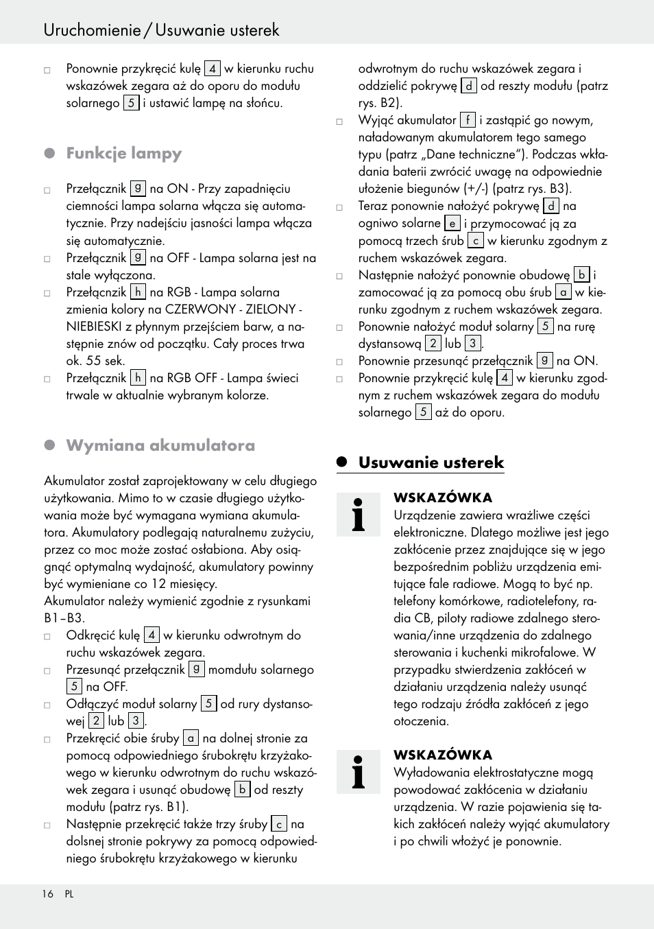 Funkcje lampy, Wymiana akumulatora, Usuwanie usterek | Livarno 54322 User Manual | Page 16 / 57