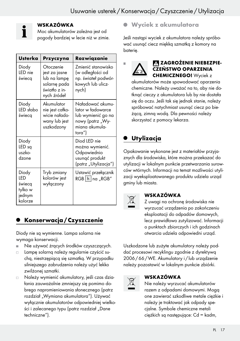 Konserwacja / czyszczenie, Wyciek z akumulatora, Utylizacja | Livarno 54322 User Manual | Page 17 / 57