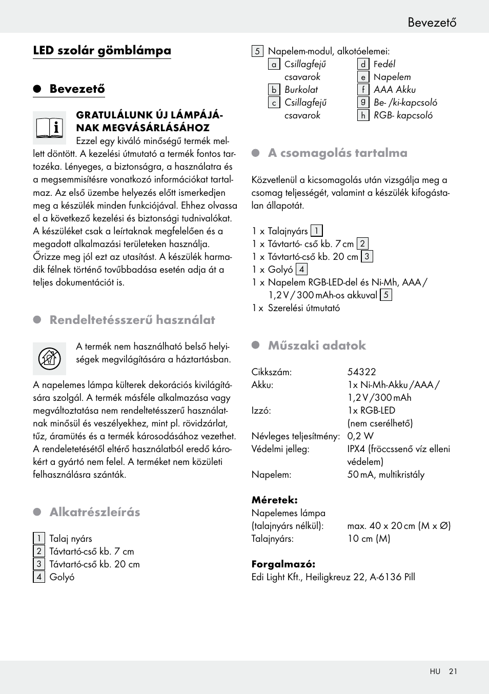 Bevezető, Tartalomjegyzék, Led szolár gömblámpa | Rendeltetésszerű használat, Alkatrészleírás, A csomagolás tartalma, Műszaki adatok | Livarno 54322 User Manual | Page 21 / 57