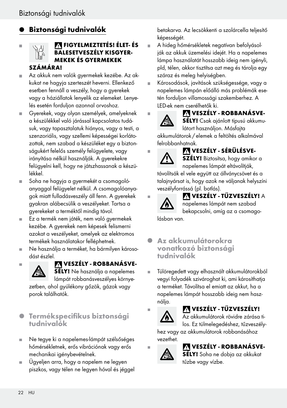 Biztonsági tudnivalók, Termékspecifikus biztonsági tudnivalók, Az akkumulátorokra vonatkozó biztonsági tudnivalók | Livarno 54322 User Manual | Page 22 / 57