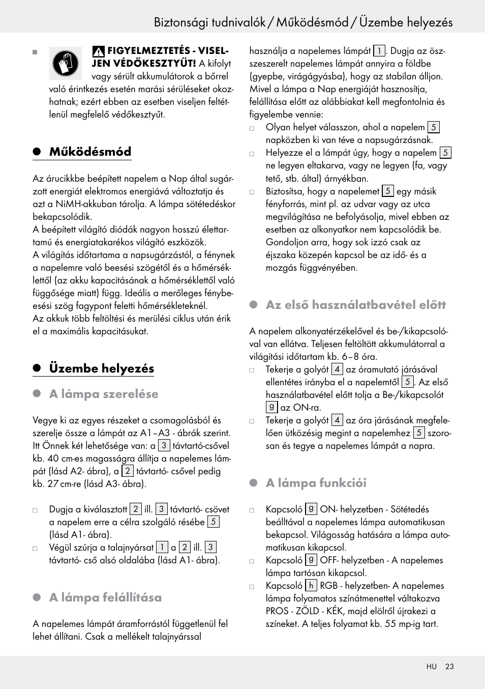 Biztonsági tudnivalók, Működésmód, Üzembe helyezés a lámpa szerelése | A lámpa felállítása, Az első használatbavétel előtt, A lámpa funkciói | Livarno 54322 User Manual | Page 23 / 57