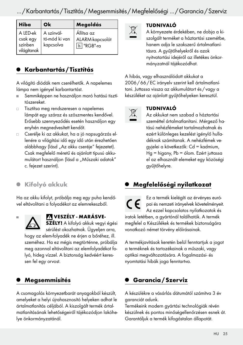 Üzembe helyezés / hibák elhárítása, Karbantartás / tisztítás, Kifolyó akkuk | Megsemmisítés, Megfelelőségi nyilatkozat, Garancia / szerviz | Livarno 54322 User Manual | Page 25 / 57