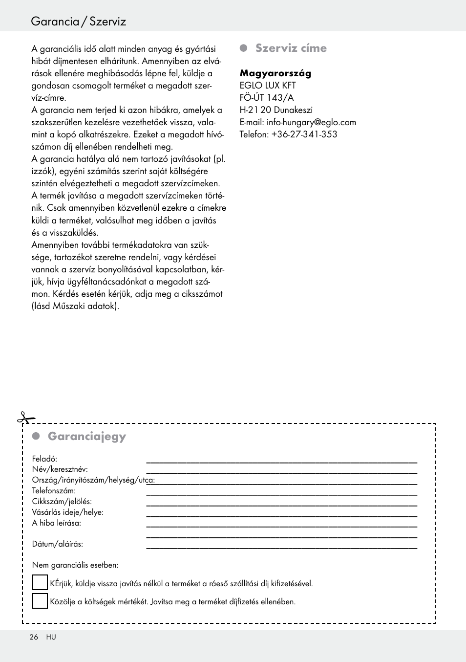 Kazalo garancia / szerviz, Szerviz címe, Garanciajegy | Livarno 54322 User Manual | Page 26 / 57