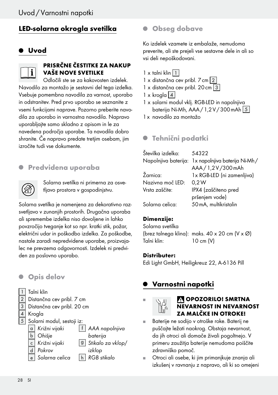 Led-solarna okrogla svetilka uvod, Predvidena uporaba, Opis delov | Obseg dobave, Tehnični podatki, Varnostni napotki | Livarno 54322 User Manual | Page 28 / 57