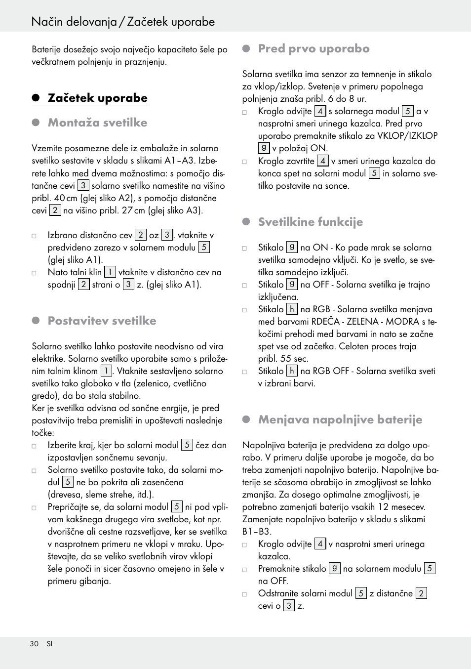 Začetek uporabe montaža svetilke, Postavitev svetilke, Pred prvo uporabo | Svetilkine funkcije, Menjava napolnjive baterije | Livarno 54322 User Manual | Page 30 / 57
