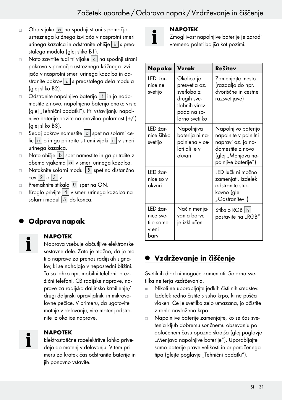 Odprava napak, Vzdrževanje in čiščenje | Livarno 54322 User Manual | Page 31 / 57