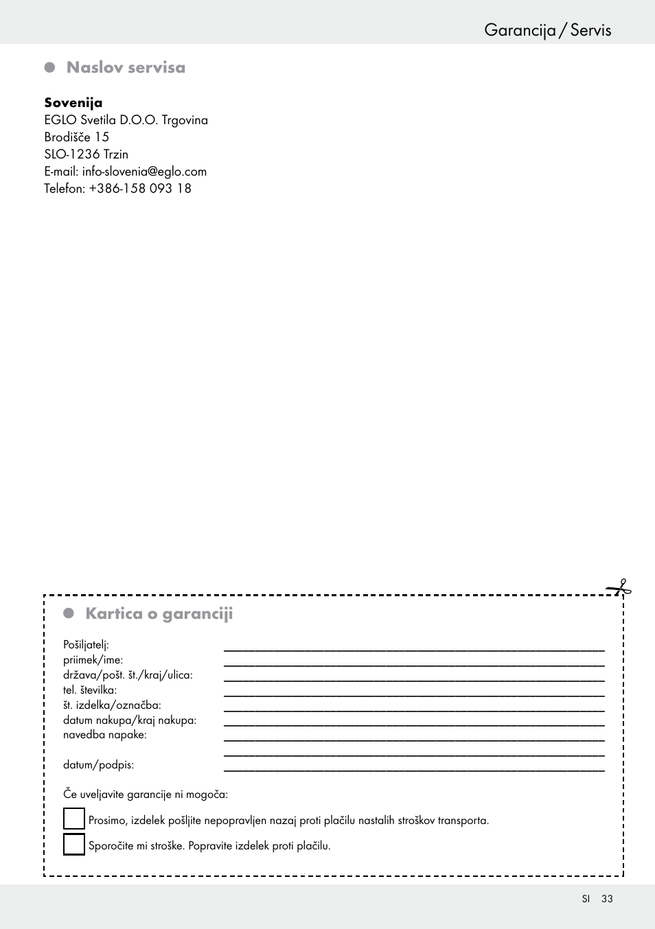 Naslov servisa, Kartica o garanciji | Livarno 54322 User Manual | Page 33 / 57