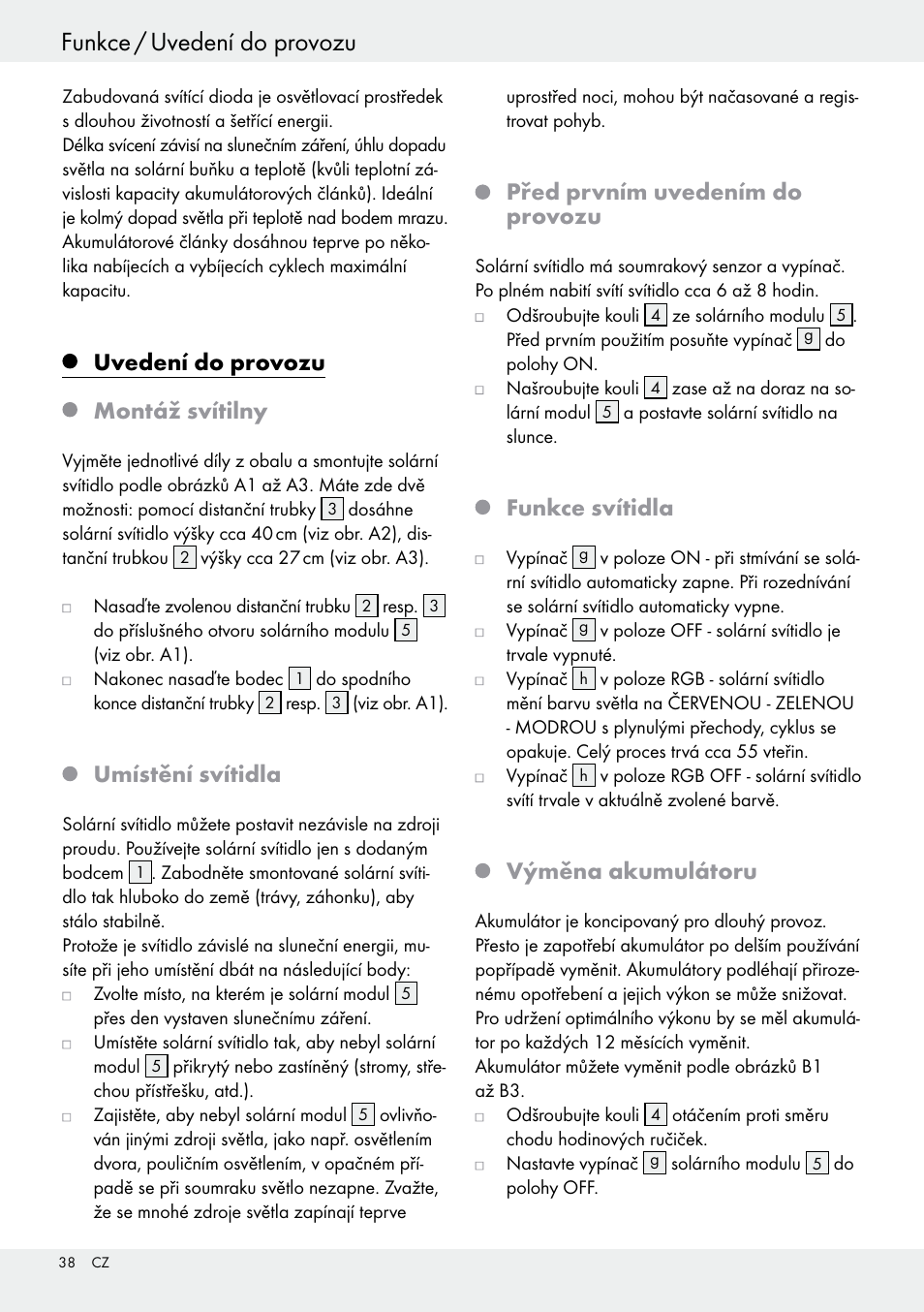 Uvedení do provozu montáž svítilny, Umístění svítidla, Před prvním uvedením do provozu | Funkce svítidla, Výměna akumulátoru | Livarno 54322 User Manual | Page 38 / 57