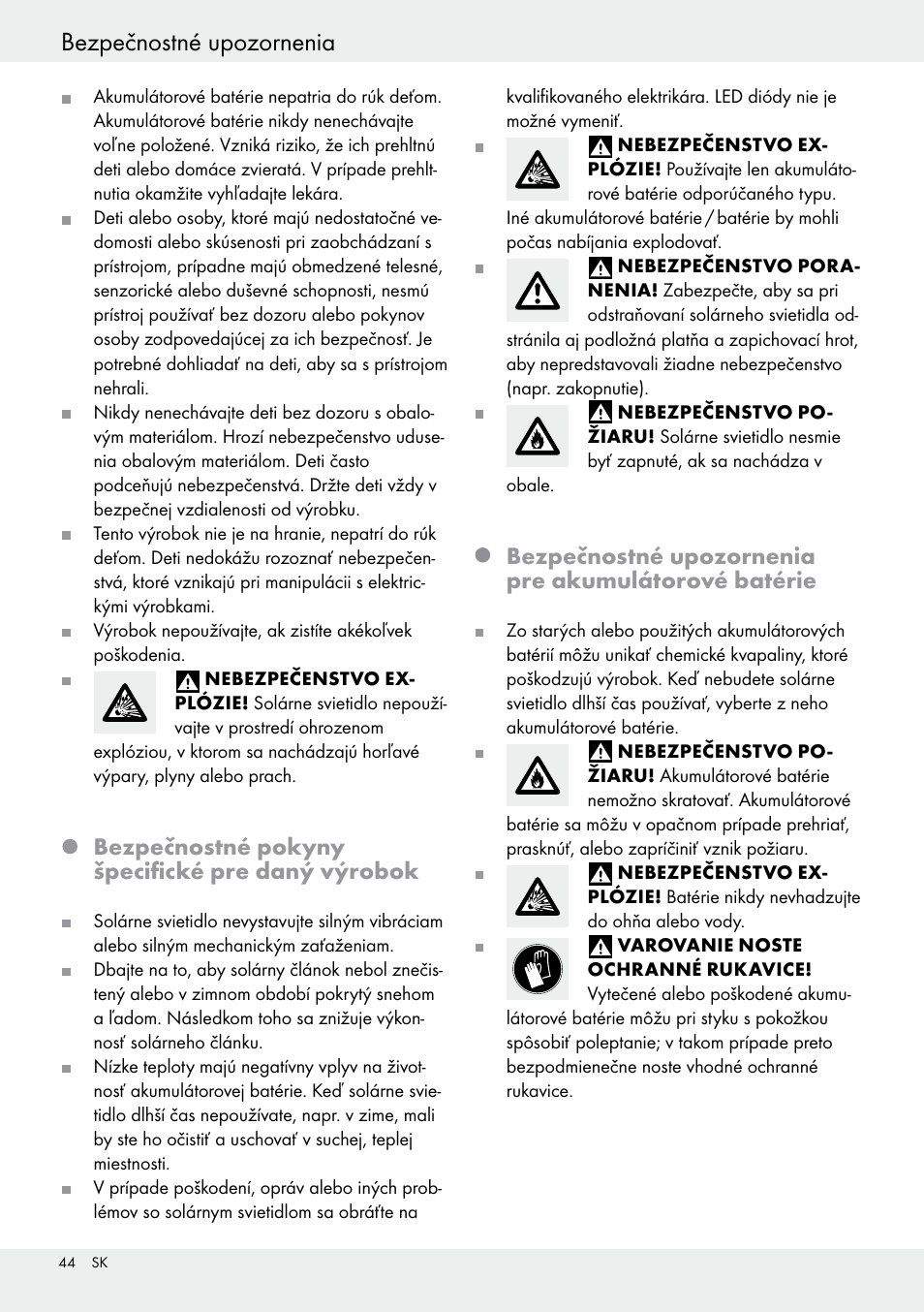 Bezpečnostné pokyny špecifické pre daný výrobok, Bezpečnostné upozornenia pre akumulátorové batérie | Livarno 54322 User Manual | Page 44 / 57