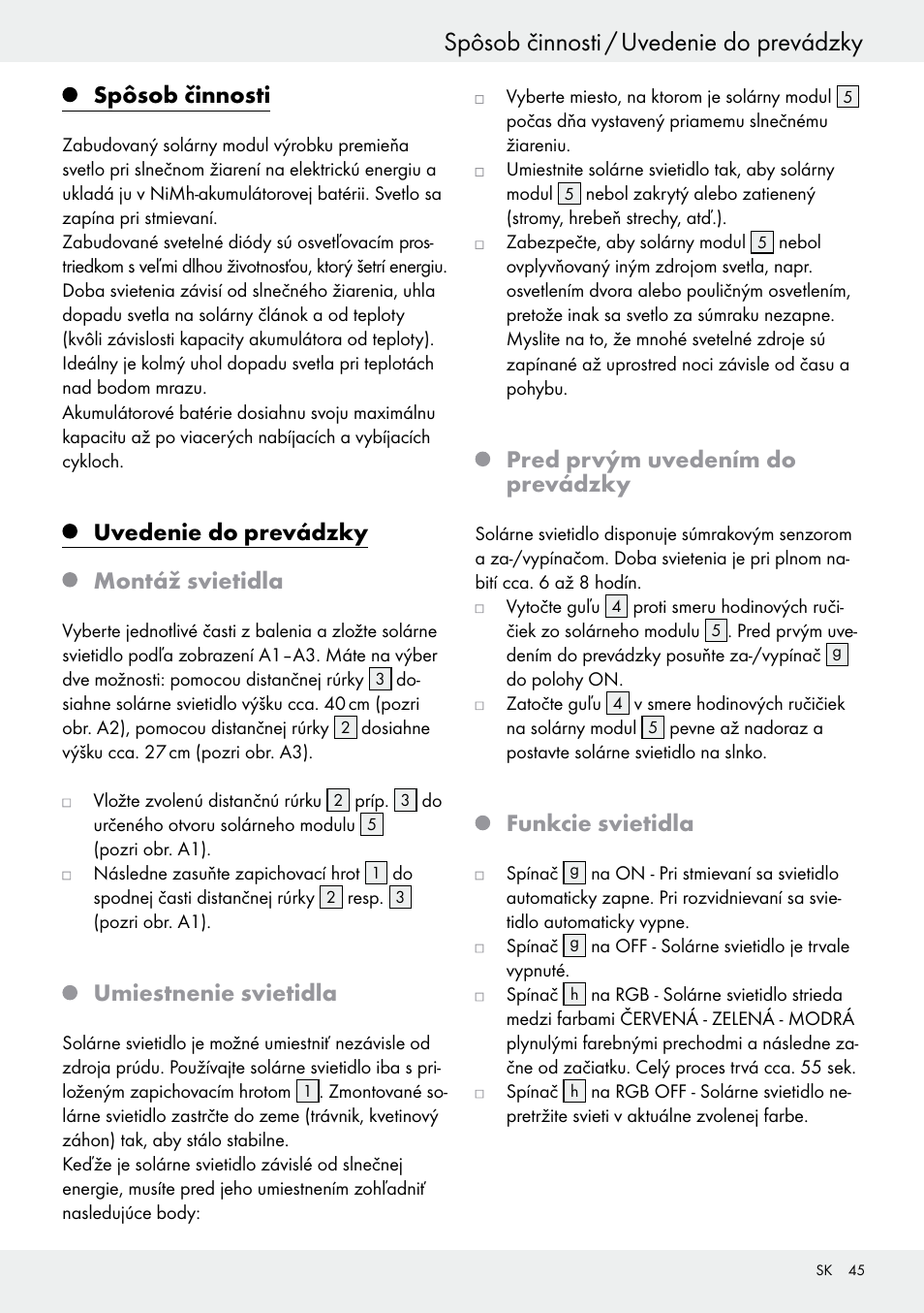 Spôsob činnosti, Uvedenie do prevádzky montáž svietidla, Umiestnenie svietidla | Pred prvým uvedením do prevádzky, Funkcie svietidla | Livarno 54322 User Manual | Page 45 / 57