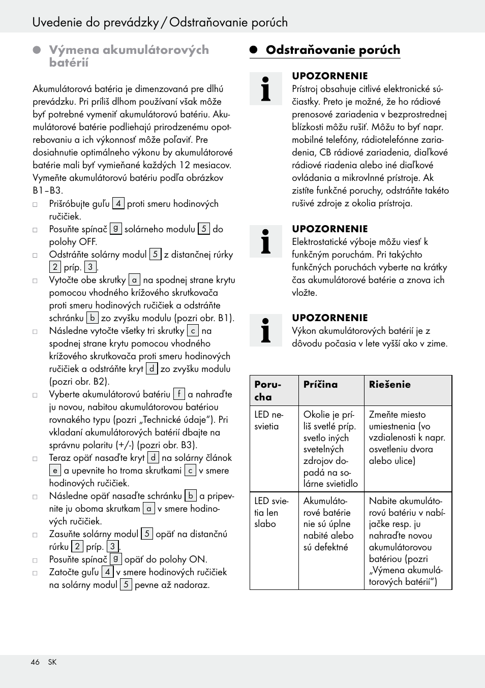 Výmena akumulátorových batérií, Odstraňovanie porúch | Livarno 54322 User Manual | Page 46 / 57