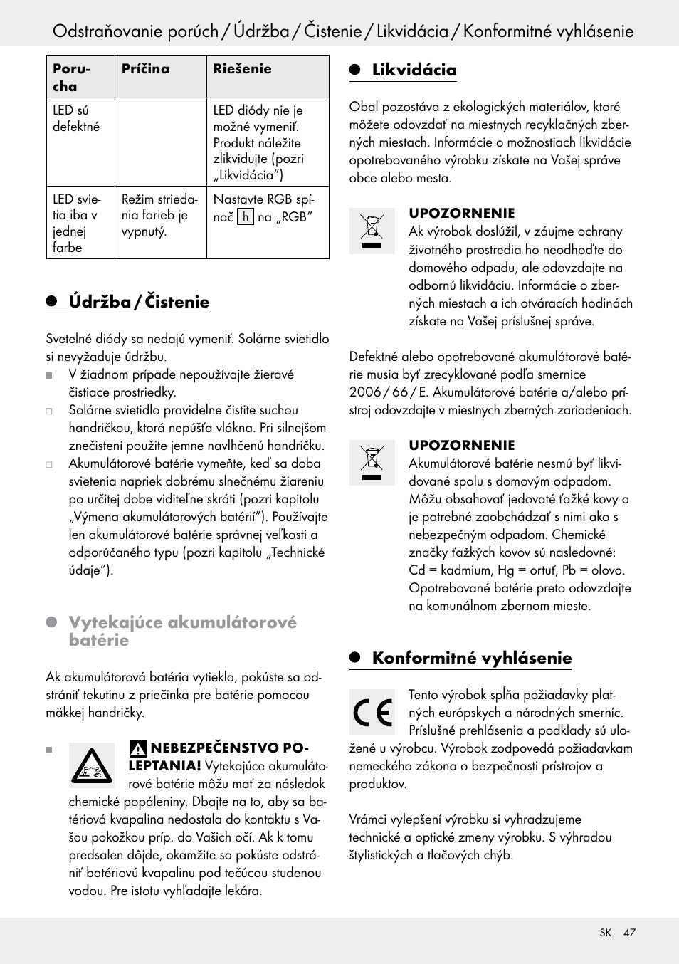 Údržba / čistenie, Vytekajúce akumulátorové batérie, Likvidácia | Konformitné vyhlásenie | Livarno 54322 User Manual | Page 47 / 57