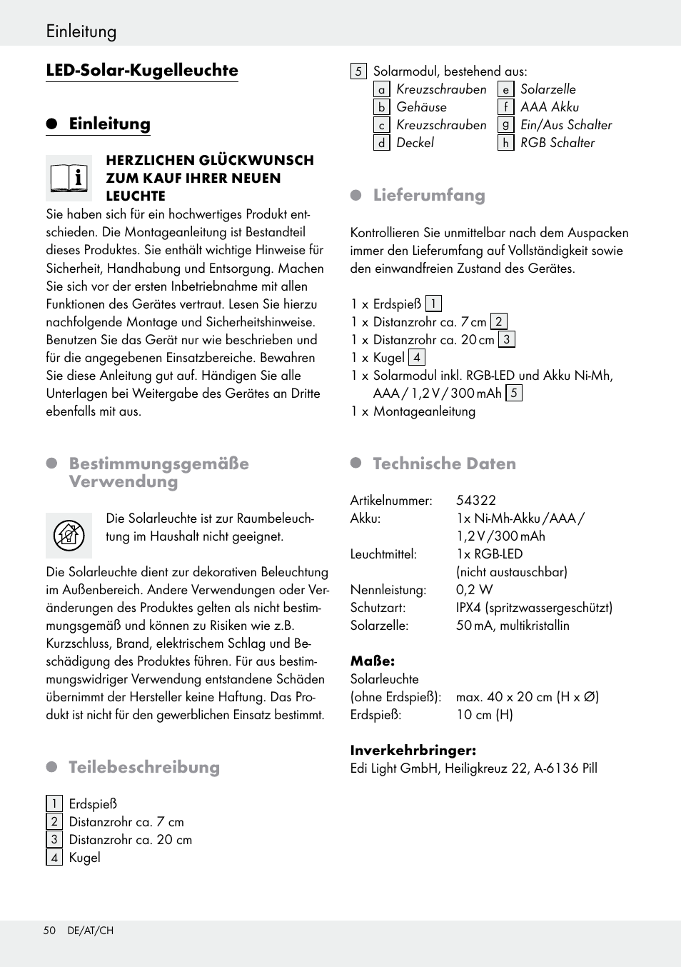 Einleitung sicherheitshinweise, Led-solar-kugelleuchte, Einleitung | Bestimmungsgemäße verwendung, Teilebeschreibung, Lieferumfang, Technische daten | Livarno 54322 User Manual | Page 50 / 57