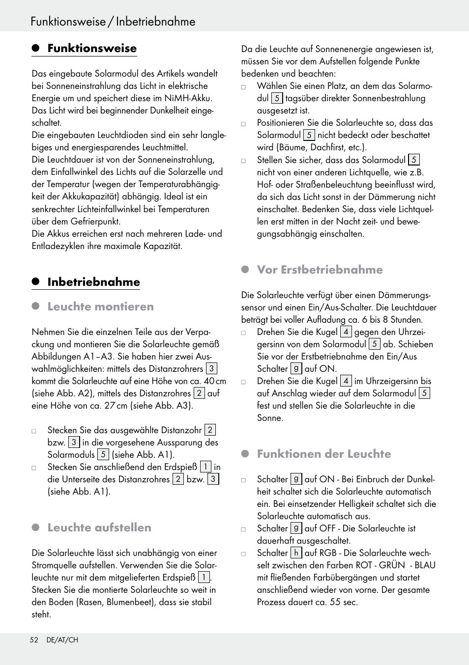 Funktionsweise / inbetriebnahme, Inbetriebnahme / fehlerbehebung, Funktionsweise | Inbetriebnahme leuchte montieren, Leuchte aufstellen, Vor erstbetriebnahme, Funktionen der leuchte | Livarno 54322 User Manual | Page 52 / 57