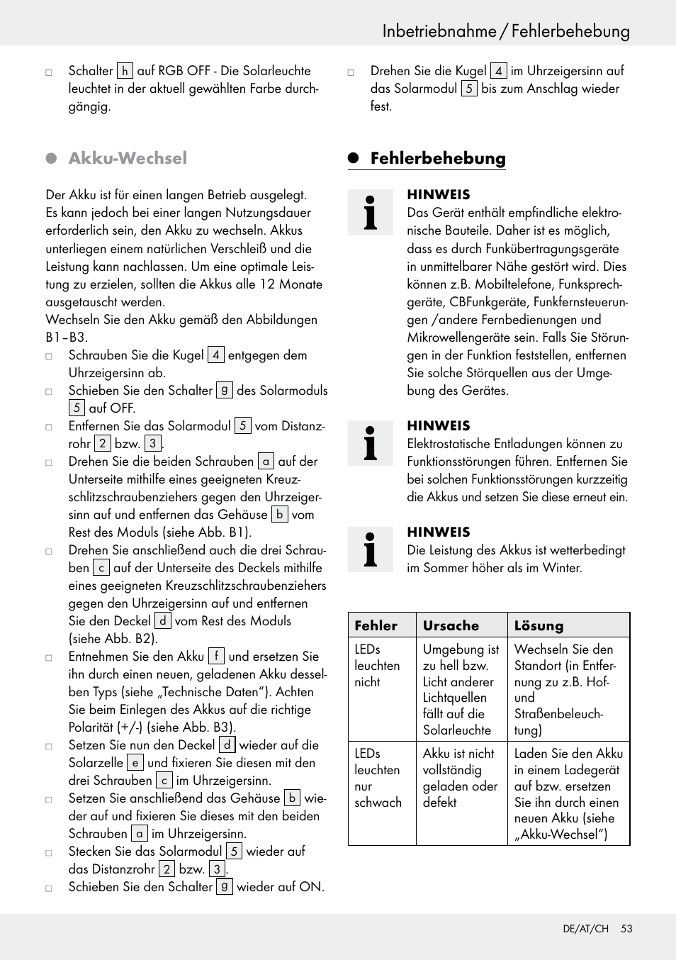 Akku-wechsel, Fehlerbehebung | Livarno 54322 User Manual | Page 53 / 57