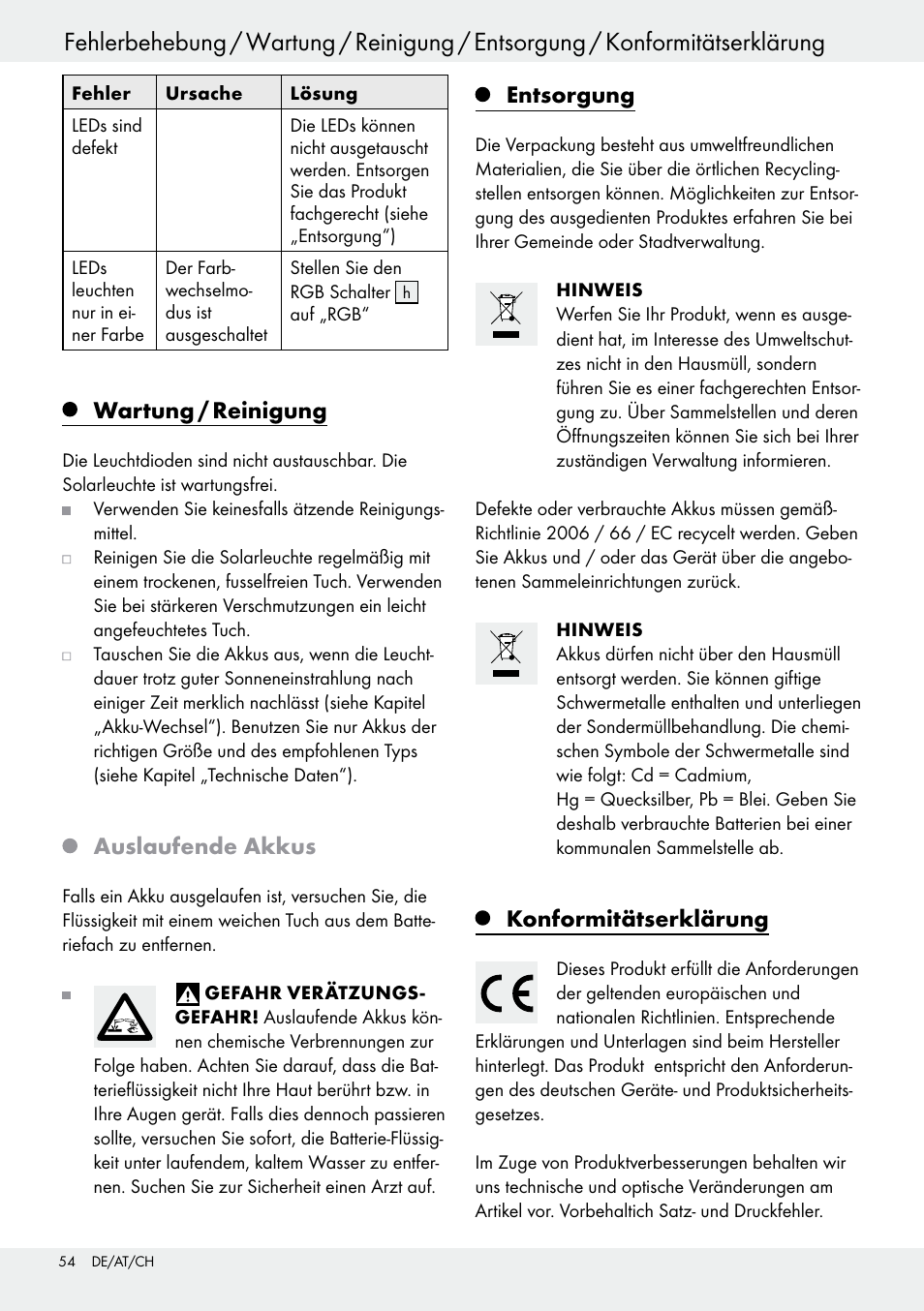 Garantie / service, Wartung / reinigung, Auslaufende akkus | Entsorgung, Konformitätserklärung | Livarno 54322 User Manual | Page 54 / 57