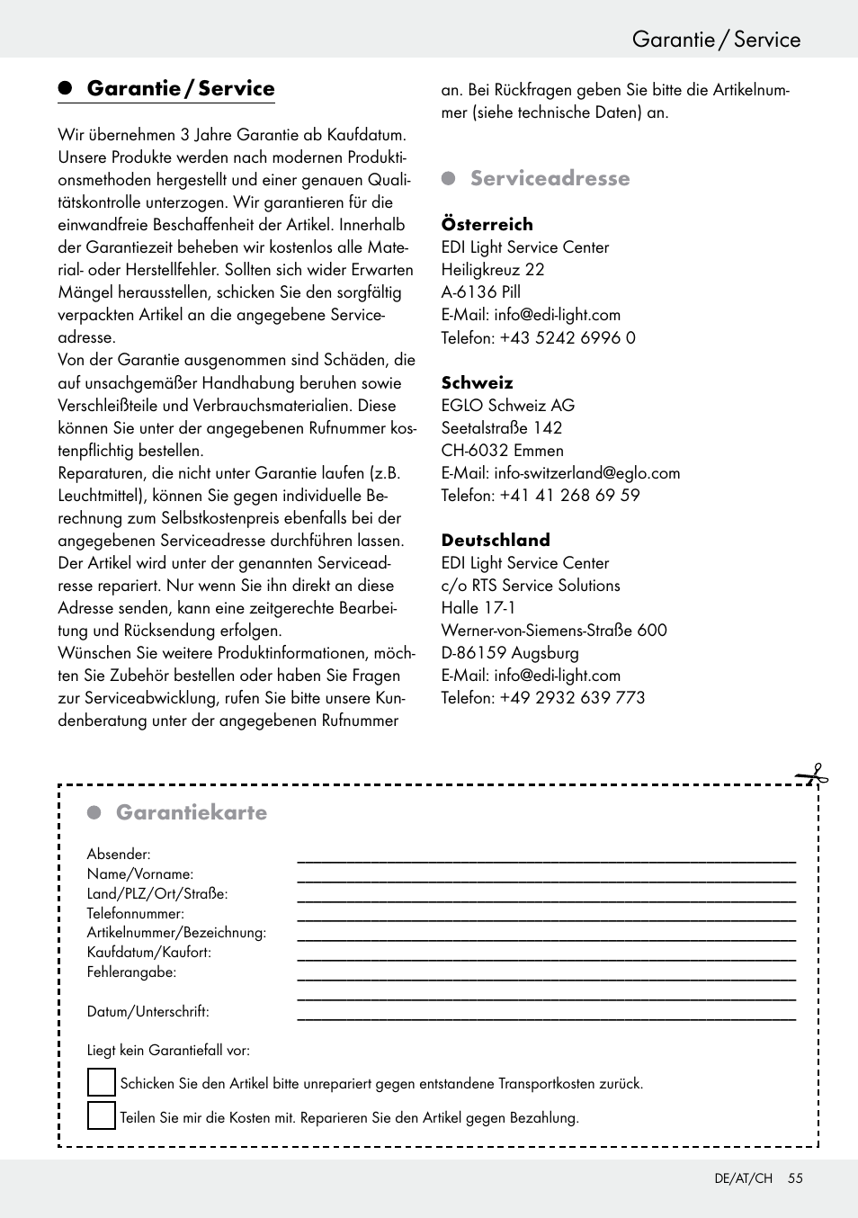 Garantie / service, Serviceadresse, Garantiekarte | Livarno 54322 User Manual | Page 55 / 57