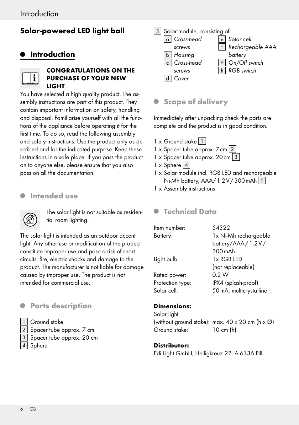 Safety instructions introduction, Solar-powered led light ball, Introduction | Intended use, Parts description, Scope of delivery, Technical data | Livarno 54322 User Manual | Page 6 / 57