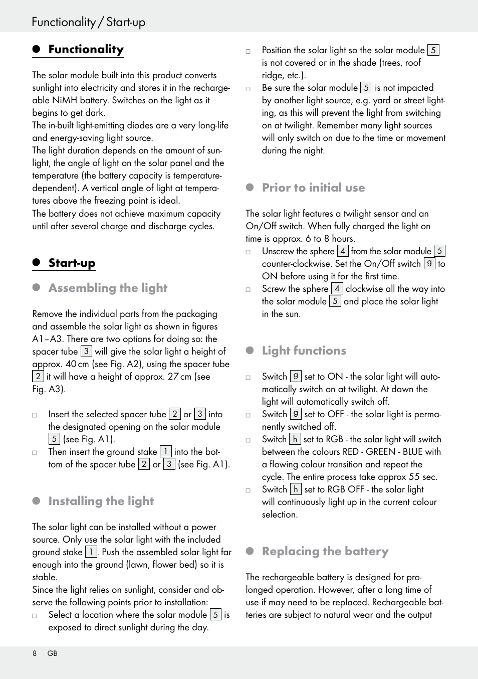 Functionality, Start-up assembling the light, Installing the light | Prior to initial use, Light functions, Replacing the battery | Livarno 54322 User Manual | Page 8 / 57