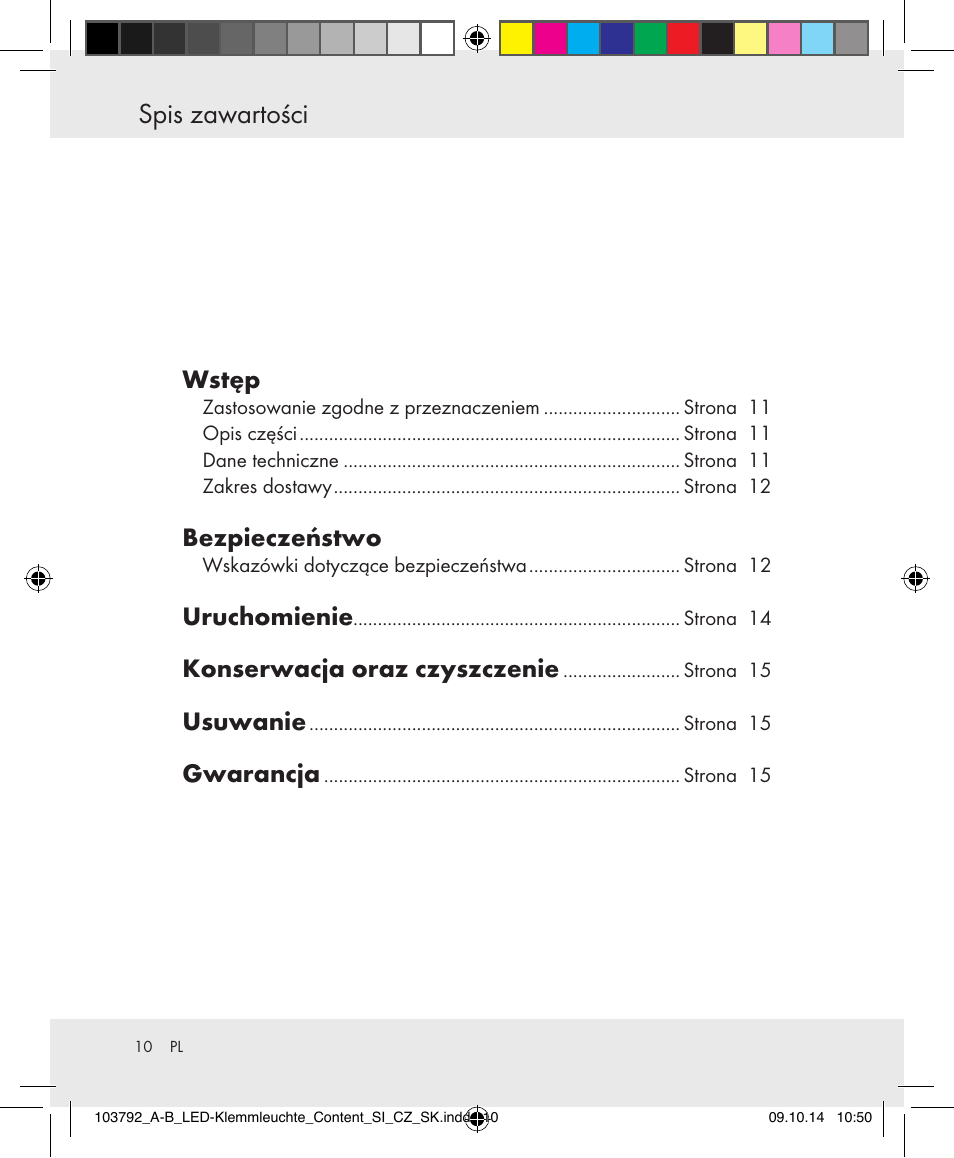 Spis zawartości, Wstęp, Bezpieczeństwo | Uruchomienie, Konserwacja oraz czyszczenie, Usuwanie, Gwarancja | Livarno 103792-14-01-BS/103792-14-02-BS User Manual | Page 10 / 50