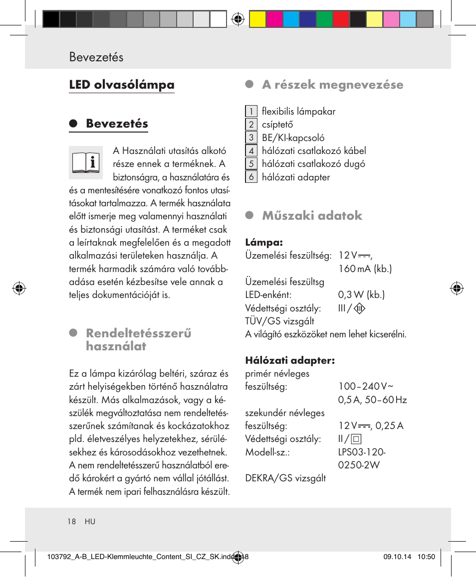 Bevezetés, Led olvasólámpa, Rendeltetésszerű használat | A részek megnevezése, Műszaki adatok | Livarno 103792-14-01-BS/103792-14-02-BS User Manual | Page 18 / 50