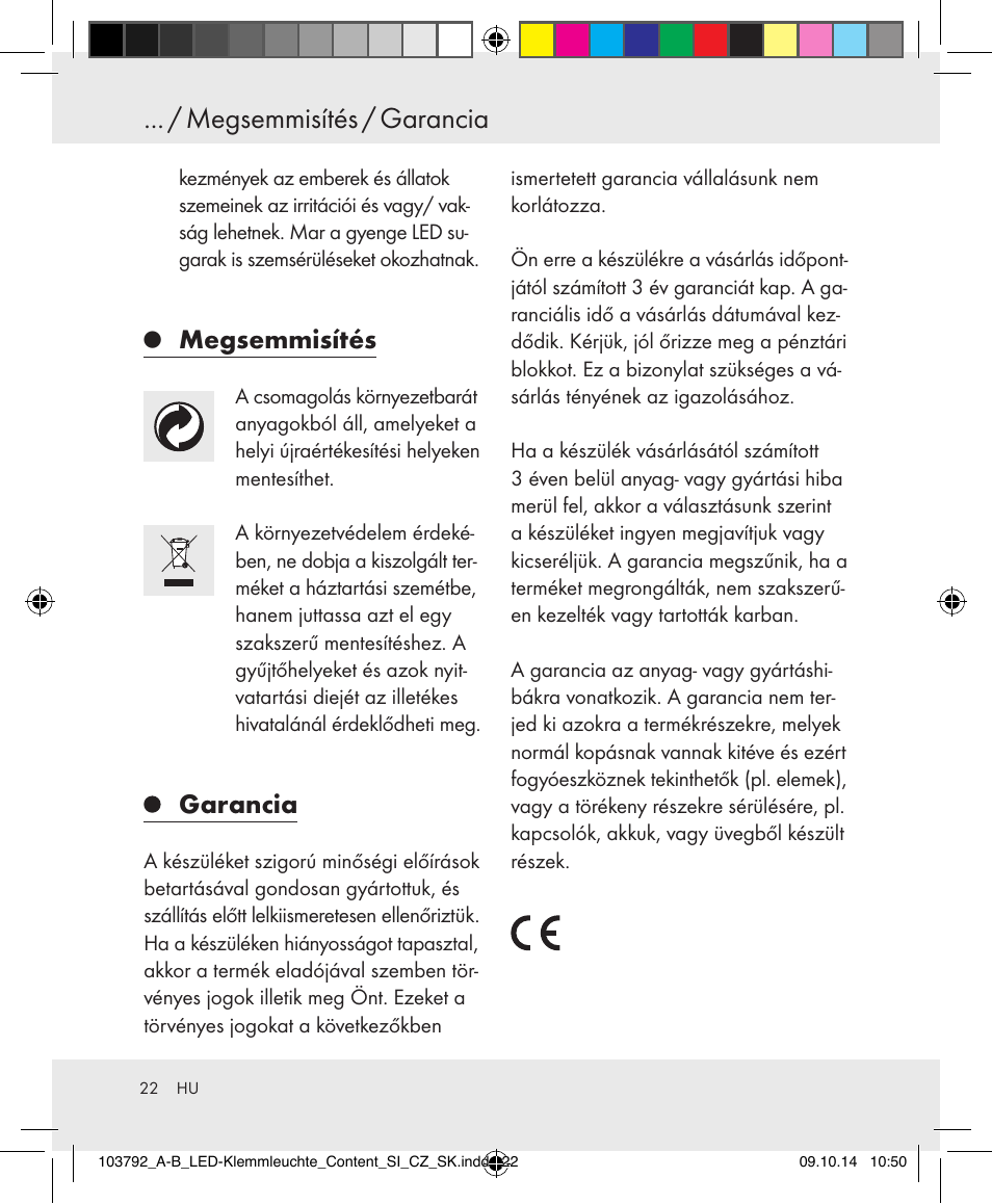 Megsemmisítés / garancia, Megsemmisítés, Garancia | Livarno 103792-14-01-BS/103792-14-02-BS User Manual | Page 22 / 50