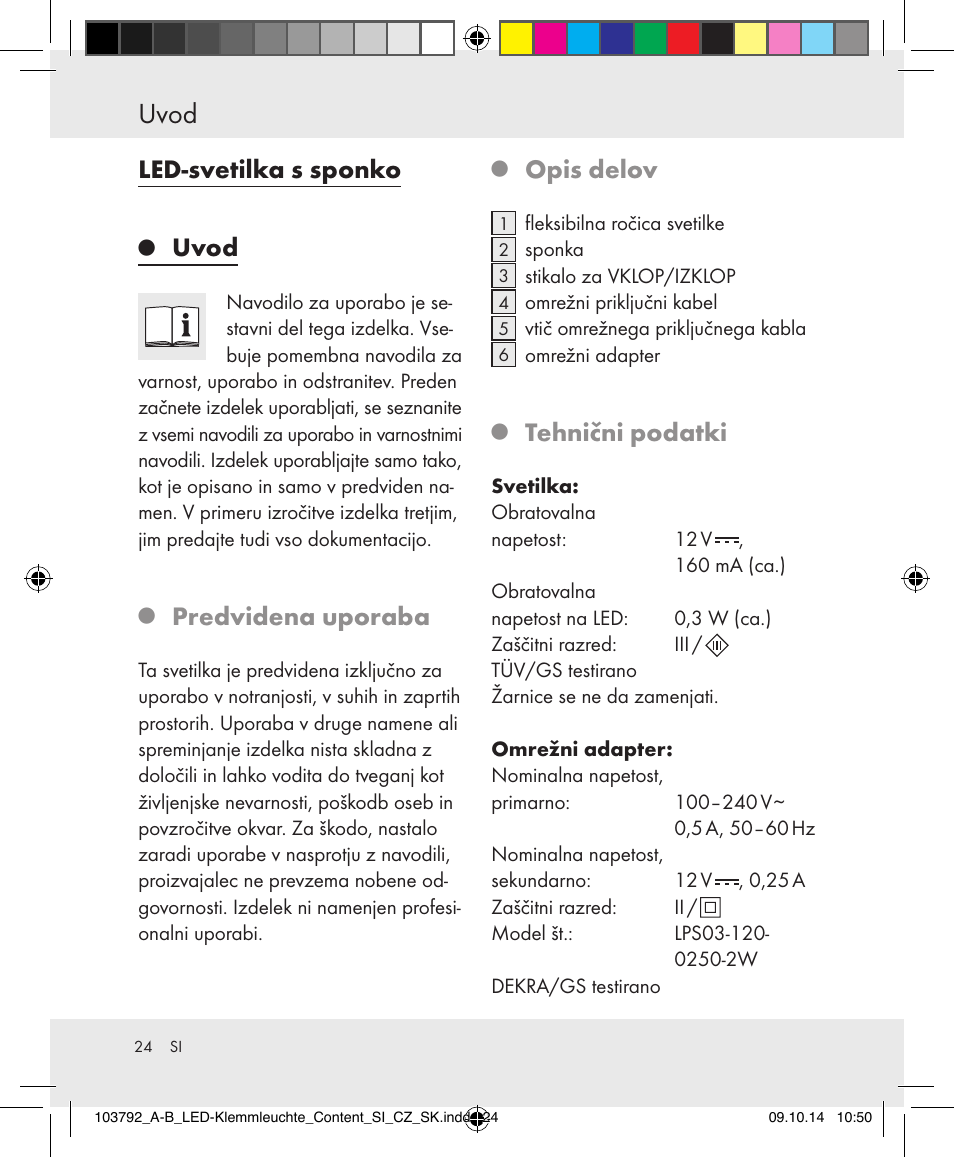 Uvod, Led-svetilka s sponko, Predvidena uporaba | Opis delov, Tehnični podatki | Livarno 103792-14-01-BS/103792-14-02-BS User Manual | Page 24 / 50